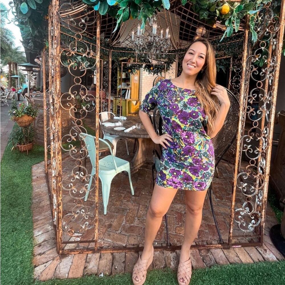 BCBGMaxAzria Purple Green Floral Print 100% Silk Summer Cocktail Mini Dress XS